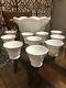 Vintage Indiana White Milk Glass Punch Bowl with 10 Matching Milk Glasses