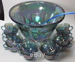 Vintage Indiana glass Iridescent BLUE CARNIVAL Punch Bowl 12 Cups Ladle