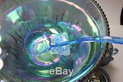 Vintage Indiana glass Iridescent BLUE CARNIVAL Punch Bowl 12 Cups Ladle