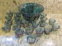 Vintage Indiana glass Iridescent BLUE CARNIVAL Punch Bowl 20 Cups Ladle