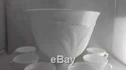 Vintage Indiana milk glass pebble leaf pedestal punch bowl set with12 cups