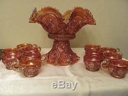 Vintage Iridescent Amber Carnival Glass Punch Bowl & Stand 12 Cups 14 Piece Set