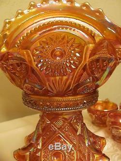 Vintage Iridescent Amber Carnival Glass Punch Bowl & Stand 12 Cups 14 Piece Set