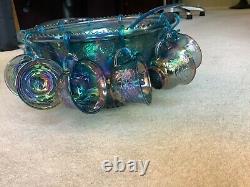 Vintage Iridescent Blue Carnival Glass Small Punch bowl, 12cups, Grapes