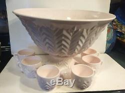 Vintage Jeanette Glass Shell Pink milk Glass Feather Punch Bowl, Base & Cups M