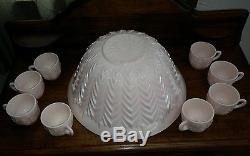 Vintage Jeanette Pastel Pink Milk Glass Punch Bowl 8 Cups and Ladle