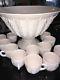 Vintage Jeanette shell Pink Milk Glass Punch Bowl 12 Cups with Pedestal EUC