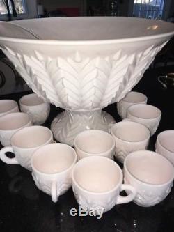 Vintage Jeanette shell Pink Milk Glass Punch Bowl 12 Cups with Pedestal EUC