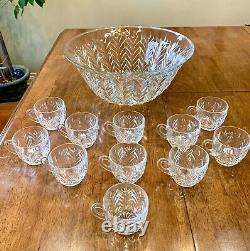 Vintage Jeannette Glass Feather Punch Bowl and 11 Cups Wedding 1950's