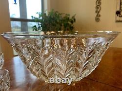 Vintage Jeannette Glass Feather Punch Bowl and 11 Cups Wedding 1950's