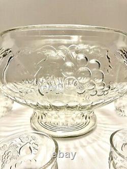 Vintage Jeannette Glass Fruit Design Punch Bowl with 8 cups