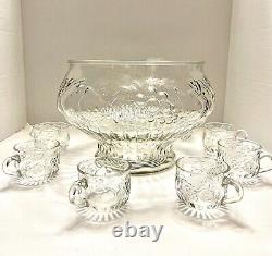 Vintage Jeannette Glass Fruit Design Punch Bowl with 8 cups