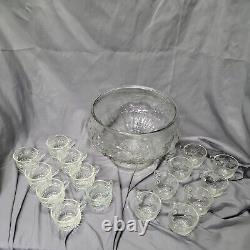 Vintage Jeannette Large 11 x 8 Crystal Fruit Punch Bowl Set #2417-26C with Cups