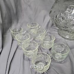 Vintage Jeannette Large 11 x 8 Crystal Fruit Punch Bowl Set #2417-26C with Cups