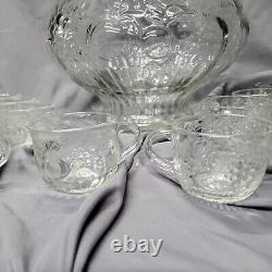 Vintage Jeannette Large 11 x 8 Crystal Fruit Punch Bowl Set #2417-26C with Cups