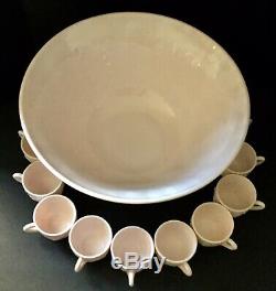Vintage Jeannette Pastel Shell Pink Milk Glass Punch Bowl, Base, And 12 Cups