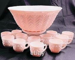 Vintage Jeannette Shell Pink Milk Glass Punch Bowl, Cups, Stand Feather Pattern