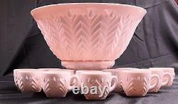 Vintage Jeannette Shell Pink Milk Glass Punch Bowl, Cups, Stand Feather Pattern