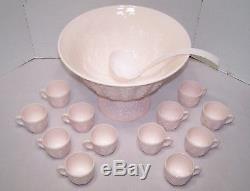 Vintage Jeannette Shell Pink Milk Glass Punch Bowl, Pedestal, 12 Cups & Ladle