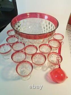 Vintage KING'S CROWN INDIANA Cranberry Cubist Punch Bowl 12 Footed Glasses/Ladle