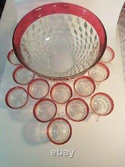 Vintage KING'S CROWN INDIANA Cranberry Cubist Punch Bowl 12 Footed Glasses/Ladle