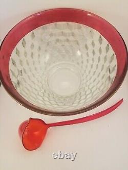 Vintage KING'S CROWN INDIANA Cranberry Cubist Punch Bowl 12 Footed Glasses/Ladle