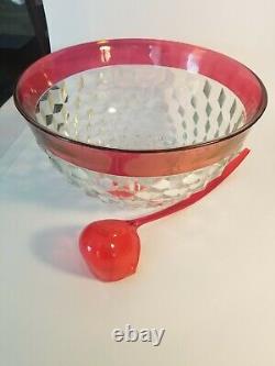 Vintage KING'S CROWN INDIANA Cranberry Cubist Punch Bowl 12 Footed Glasses/Ladle