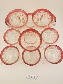 Vintage KING'S CROWN INDIANA Cranberry Cubist Punch Bowl 12 Footed Glasses/Ladle