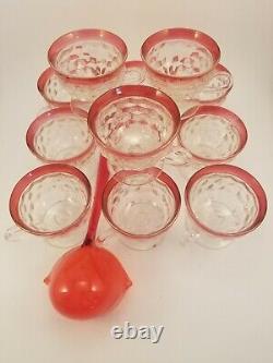 Vintage KING'S CROWN INDIANA Cranberry Cubist Punch Bowl 12 Footed Glasses/Ladle