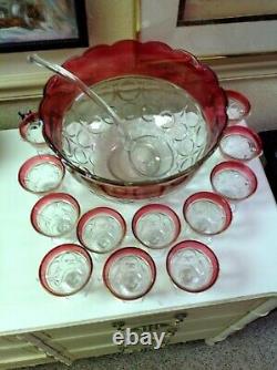 Vintage Kings Crown Ruby Punch Bowl Set by Indiana Glass With 12 Footed Cups