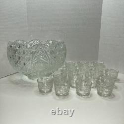 Vintage L E Smith Clear Glass Daisy & Button Punch Bowl With 18 Cups Set