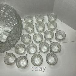 Vintage L E Smith Clear Glass Daisy & Button Punch Bowl With 18 Cups Set