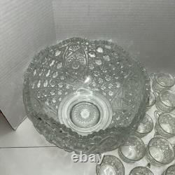 Vintage L E Smith Clear Glass Daisy & Button Punch Bowl With 18 Cups Set