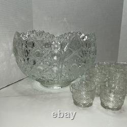 Vintage L E Smith Clear Glass Daisy & Button Punch Bowl With 18 Cups Set