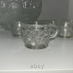 Vintage L E Smith Clear Glass Daisy & Button Punch Bowl With 18 Cups Set