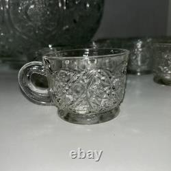 Vintage L E Smith Clear Glass Daisy & Button Punch Bowl With 18 Cups Set