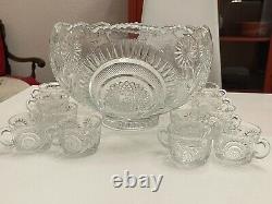 Vintage L. E. Smith Clear Glass Punch Bowl Set Pinwheels Stars Cups Mugs 9 Qts
