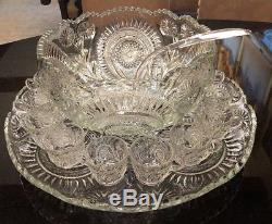 Vintage L. E. Smith Colony Glass 15pc Pinwheel & Stars Punchbowl & Platter Set