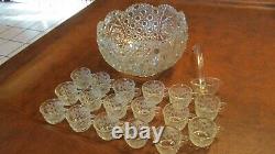 Vintage L. E. Smith Crystal Daisy & Button Punch Bowl Set 18 Cups & Glass Ladle