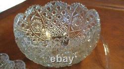 Vintage L. E. Smith Crystal Daisy & Button Punch Bowl Set 18 Cups & Glass Ladle