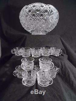 Vintage L. E. Smith Cut Glass/Crystal Punch Bowl & Cups Set,'Daisies & Buttons