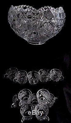 Vintage L. E. Smith Cut Glass/Crystal Punch Bowl & Cups Set,'Daisies & Buttons