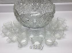 Vintage L E Smith Daisy Button Clear Glass Punch Bowl 12 x 9 with 17 Footed Cups