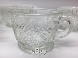 Vintage L E Smith Daisy Button Clear Glass Punch Bowl 12 x 9 with 17 Footed Cups