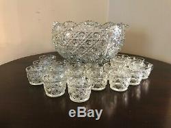 Vintage L. E. Smith Daisy Hobstar and Button Punch Bowl With Ladle & 18 Cups