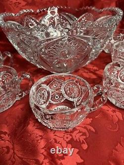 Vintage L. E. Smith Daisy Punch Bowl Hobstar Chrystal Cut Scalloped Set 6 cups