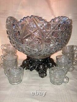 Vintage L. E. Smith Daisy and Button Punch Bowl with Stand and 12 Cups