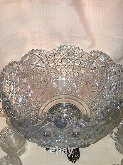 Vintage L. E. Smith Daisy and Button Punch Bowl with Stand and 12 Cups