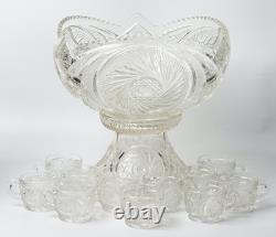 Vintage L. E. Smith Glass Aztec Pinwheel 13 Punch Bowl Set with 11 Cups & Stand