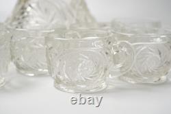 Vintage L. E. Smith Glass Aztec Pinwheel 13 Punch Bowl Set with 11 Cups & Stand